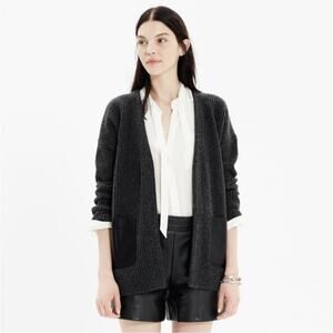 Madewell Leather Pocket Ribbed Cardigan Sweater XS Gray Black A9475 Open Front